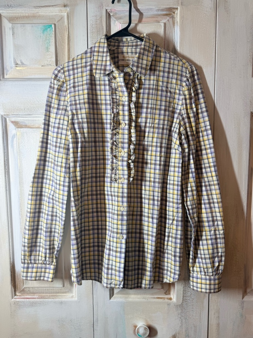 Barbour Yellow and Blue Plaid Ruffle-Front Button-Down Shirt